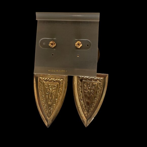 Vintage 80s Pierced Gold Tone Dangle Earrings Green Cabochon 3" Statement - Picture 3 of 7